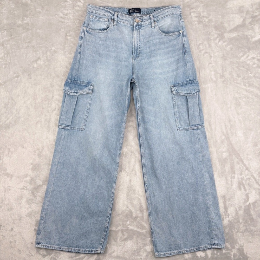 Gap Cargo Jeans Womens‎ 14/32R (Fits 34x30) High Rise Light Wash Wide Leg Baggy